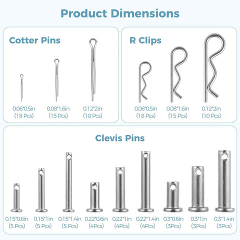 Beefy 122 Pcs Pins Kit With Clevis Pins In M4 M6 M8 Sizes, Cotter Pins In M1.5 M2 M3 And R Clips In M1.5 M2 M3, 304 Stainless Steel Fasteners