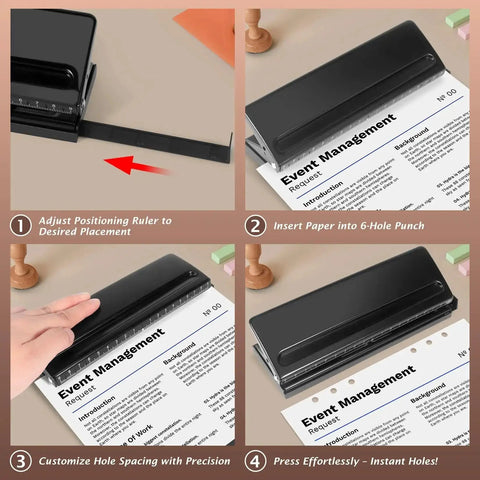 Rugged 6 Hole Paper Puncher With Adjustable Ring Spacing For A5, A6, A7 Formats, black, demonstrating hole customization and paper punching.
