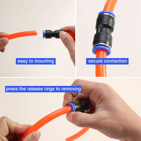 40 pcs push-to-connect straight fittings kit for pneumatic hoses; orange tube with black connectors and blue rings