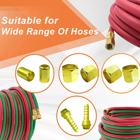 Image of Quarter Inch Torch Hose Repair Kit For Oxygen And Acetylene With Brass Fittings, showing red and green hoses with brass fittings.
