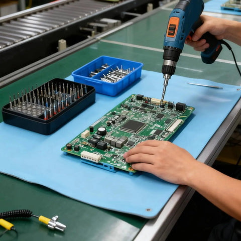 Person using ESD Safe Anti Static Mat For Electronics Repair With Grounding Wire, Flexible Rubber Workstation Mat, 26.4 By 20.1 Inches