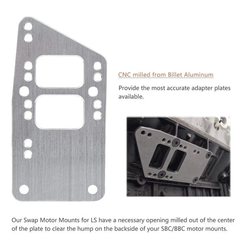 LS Swap Motor Mounts Adapter Plates Universal Swap Bracket For Small Block To LS Engine Conversion Adjustable Fit For LS1 LS3 LS2 LQ4 LQ9 LS6 L92 L99 L33 LR4 Billet Aluminum Vehicle To LS Engine Bolt In Mount Kit shown front view with CNC milled finish.