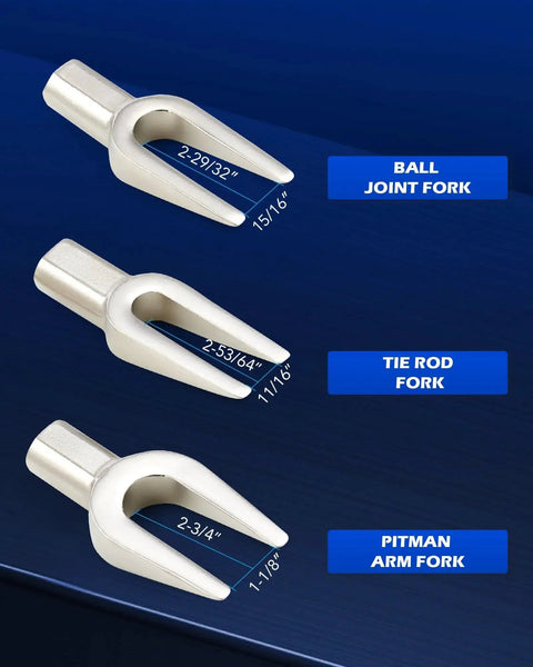 Three forks from 5 Piece Pickle Fork Tool Set For Ball Joints Tie Rods And Pitman Arms with size labels on blue background.