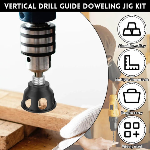 Vertical drill guide for precision woodworking on a wooden surface, showing aluminum alloy body with multiple drill bushings.