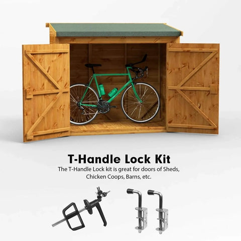 Durable Shed Door Hardware Kit With Hinges Latch Lock And Handle shown with wooden shed doors, bicycle inside, and T-Handle Lock Kit illustration
