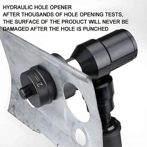 Rechargeable Hydraulic Hole Punch Kit With Six Dies For 22 To 60 mm Holes demonstrating punch operation on metal sheet