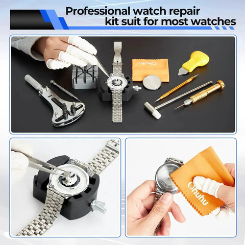 192 Piece Watch Repair Kit Heavy Duty Tool Set With Link Remover Battery Replacement Tools displayed with watch