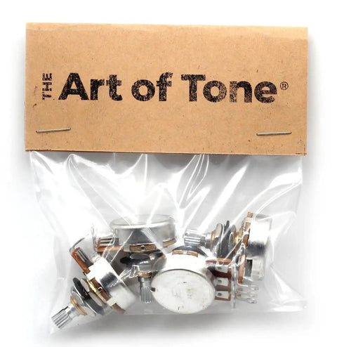 Four Pack Of 500K Short Split Shaft Audio Taper Potentiometers For Guitars With Low Friction Rotation And Three Eighths Inch Imperial Bushings Includes Hardware With 2 Nuts Dress Washer And Lock Washer Bourns in packaging