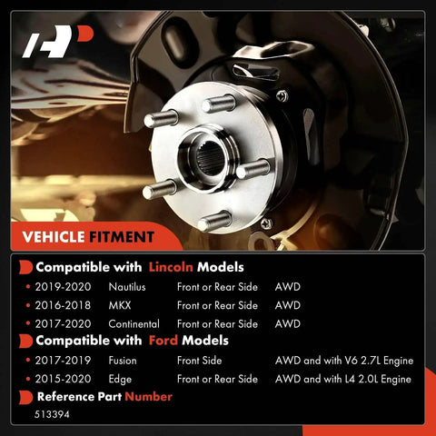 Close-up of Two Wheel Bearing And Hub Assembly 5 Lug Replacement For Ford Edge 2015 To 2020 Lincoln MKX 2016 To 2018 Nautilus 2019 To 2020 Front Or Rear Wheel Hub installed on vehicle.