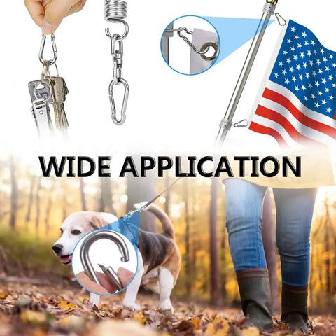 Heavy Duty 304 Stainless Steel Snap Hooks for Outdoor Gear and Camping shown with key chain, dog leash, and flag pole.
