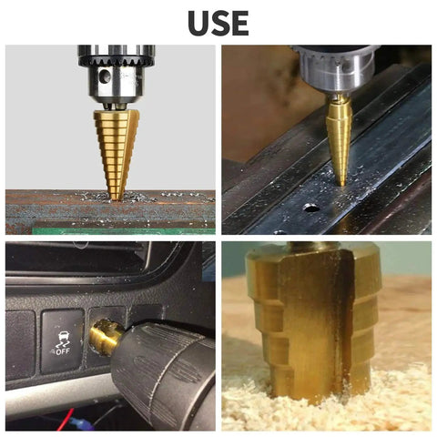 Step Drill Bit Set 3 Piece HSS Titanium Coated High Speed Steel With One Quarter Inch Hex Shank For Easy Sheet Metal And Plastic Hole Drilling Unibit Cone Bits Cut From One Eighth Inch To Three Quarter Inch DIY Friendly in use on various surfaces.