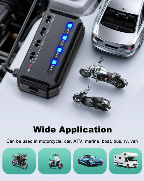 12V Motorcycle Fuse Block Kit With 20A Relay Box And LED Indicator displayed with model vehicles, showing wide application for cars, ATVs, UTVs.