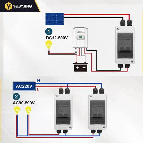 Diagram showing DC 63 Amp Solar Panel Disconnect Switch Heavy Duty Two Pole Miniature Circuit Breaker Box 1000V Outdoor IP65.
