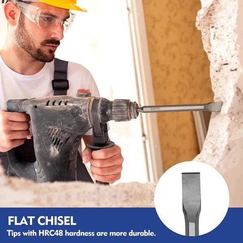 Man using a rotary hammer with a flat chisel from the 17 Piece SDS Plus Rotary Hammer Drill Bit And Chisel Set with Storage Case