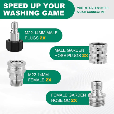 Pressure Washer Quick Connect Kit With Stainless Steel Adapter Set M22 Swivel 14mm To Three Eighths Inch Quick Disconnect And Three Quarter Inch Hose Fittings For Easy Car Wash And Patio Cleaning components display.