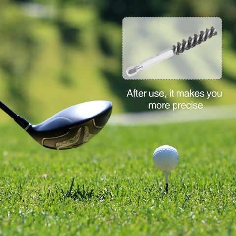 Image shows Golf Club Cleaning Kit Set Of 4 Stainless Steel Wire and Bore Brushes with a golf club on a course.