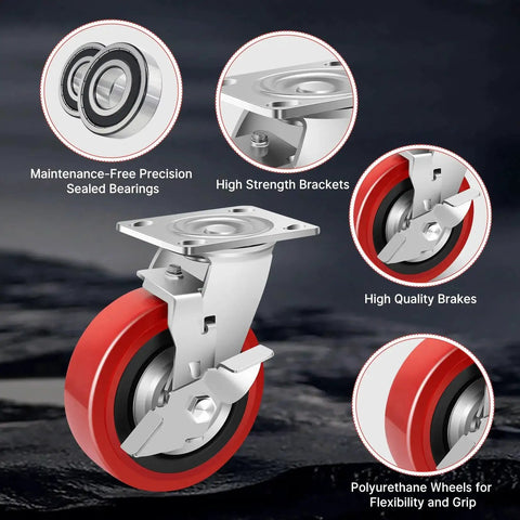 6 Inch Industrial Grade Caster Wheels Set Of 4, Heavy Duty Polyurethane Casters With Dual Ball Bearing, showing wheel design and features.