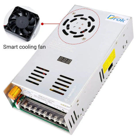 Adjustable DC Power Supply 0 To 24V, 20A Buck Converter From 110/220V AC To Regulated 24V DC, with cooling fan and LED display