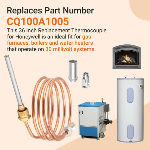 36-inch copper furnace thermocouple coil with adapter fittings and probe tip, shown with boiler and water heater.