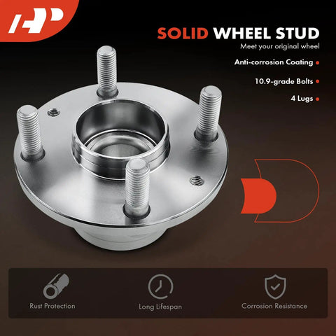 Two Pack Rear Wheel Bearing And Hub Assembly For 4 Lug Vehicles Compatible With Ford Escort Mercury Tracer Mazda Protege MX3 And 323 Models From 1989 To 2003 on display with anti-corrosion coating and 10.9-grade bolts.