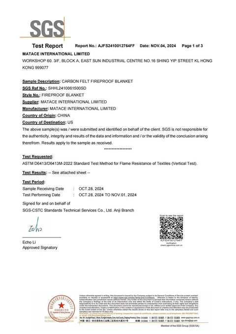 SGS test report for Carbon Felt Fireproof Blanket by Matace International Limited, dated Nov 4, 2024, includes test results and certification details.