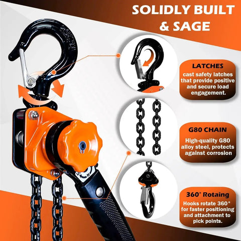 Side view of Mini Lever Chain Hoist One Quarter Ton 10 Foot Ratchet Chain Puller With Hooks showing latch, chain and rotating hook