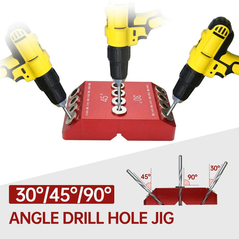 Portable Drill Guide Jig With 30 45 And 90 Degree Angles For Precise Angled Or Straight Hole Drilling Four Guide Hole Sizes Including Three Eighths Inch Perfect For Cable Railing Posts Lag Screws And Wood Post Installations showing drill setup