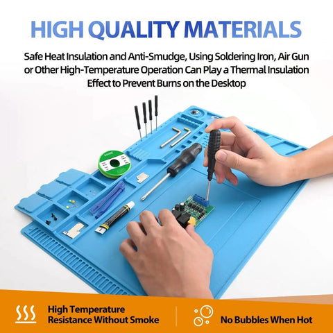 Heat Resistant Silicone Soldering Pad For Electronics Workstation With Anti Static Surface Magnetic Area And Built In Screw Storage 932F Safe 17.7x11.8 Inch Solder Mat Perfect For BGA Soldering And Repair Jobs in use with tools and circuit board.
