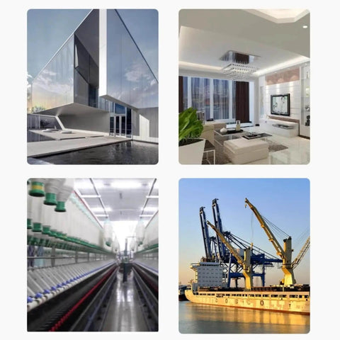 Collage of a modern building exterior, elegant living room interior, industrial textile machinery, and shipping cranes at a port.