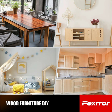 Collage of modern wood furniture designs including a dining table, sideboard, children's bed, and kitchen cabinets in DIY settings.