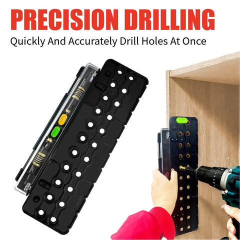 One Quarter Inch Shelf Pin Jig For Cabinets And Shelves Adjustable 5mm 0.2 Inch Hole Drill Guide in use for precision drilling