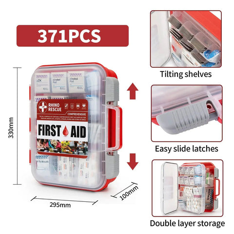 All Purpose First Aid Kit With 371 Pieces for home office school workplace. Portable case with shelves, latches, and storage.
