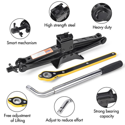 Scissor car jack 2-ton black steel kit with lug wrench and yellow-black handle, Amazon brand