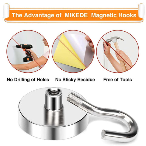 MIKEDE magnetic hooks showing no drilling, no residue, tool-free installation with a close-up of steel hook design.