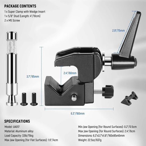 NEEWER Super Clamp with 5/8 inch Stud, black camera and lighting mounting clamp with screws