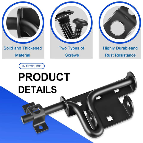 Heavy Duty Slide Bolt Gate Latch With Padlock Hole built tough, black steel, with screws for wooden fence and metal gate installations.