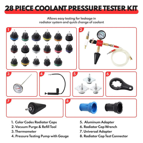 Radiator Cooling System Pressure Tester And Vacuum Refill Kit For Cars And Trucks, 28-Piece includes caps, gauge, and adapters.