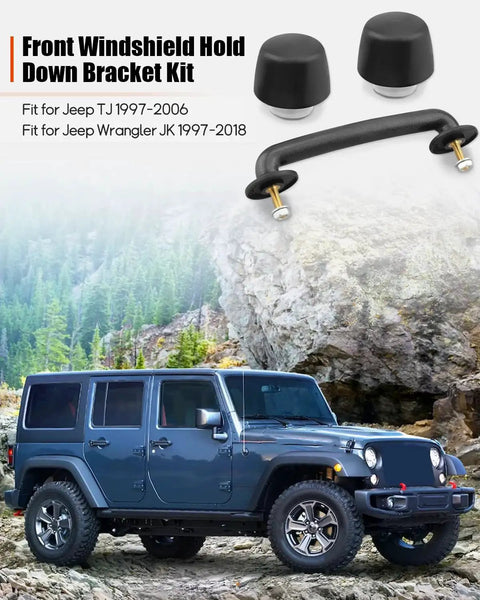 Front Windshield Hold Down Bracket For Jeep Wrangler JK TJ 1997-2018 Replacement with bump stops and nuts on a Jeep backdrop.