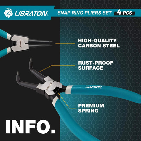 Pro Grade 7 Inch Snap Ring Pliers Set with Straight and 90 Degree Bent Jaw Tips highlighting carbon steel and spring.