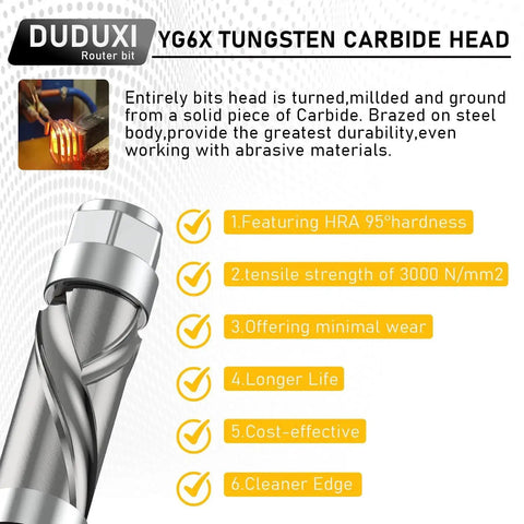 Carbide Compression Flush Trim Router Bit With One Quarter Inch Shank, Top And Bottom Bearing, Four Flutes, One Half Inch Cutting Diameter, One Inch Cutting Length, Spiral Up Down Pattern For Wood Trimming And Template Accuracy with durability details.