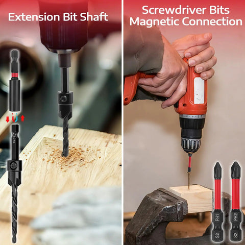 All In One Countersink Drill Bit Set For Woodworking With Quick Change 15 Piece Kit in use for precise woodworking.