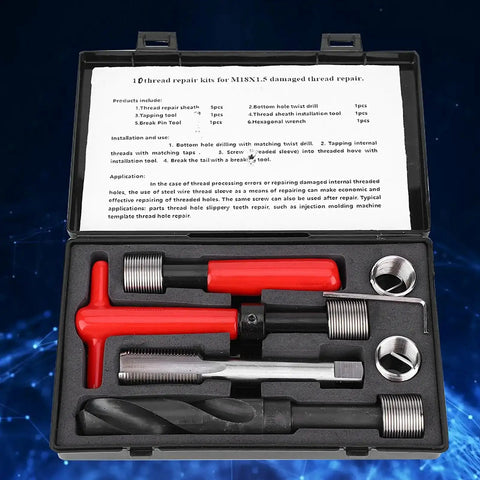 10 Piece Thread Repair Kit M18x1.5 Stainless Steel Insertion Tool Set with Thread Inserts, Tap, Breaker, Hex Wrench, and Case