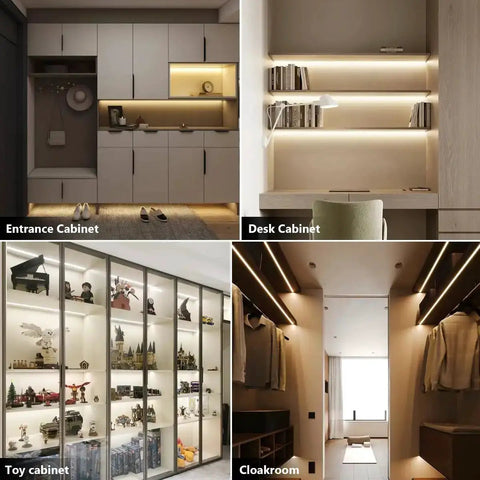 Entrance and desk cabinets illuminated with 12V Modular COB LED Cabinet Light Strips, 3000K Warm Glow, showing light placement and ambiance.