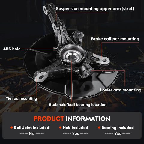 Front Left Steering Knuckle And Wheel Bearing Hub Assembly For Honda Civic 2006 Through 2011 Driver Side Not Si Or Mugen Si Models Direct Fit Replacement Durable Rust Resistant Build Easy Install showing suspension mounting and ABS hole.