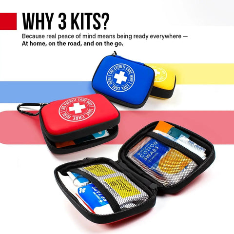 Three Compact Family Friendly Mini First Aid Kits With Carabiners For Grab And Go Travel And Everyday Use by EVERLIT CARE displayed open