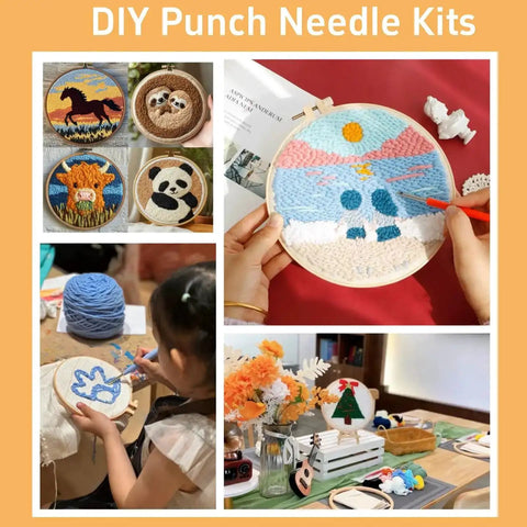 Abstract Colorful Tree Punch Needle Kit For Beginners With Hoop Yarn Printed Pattern And Easy English Guide, kit examples