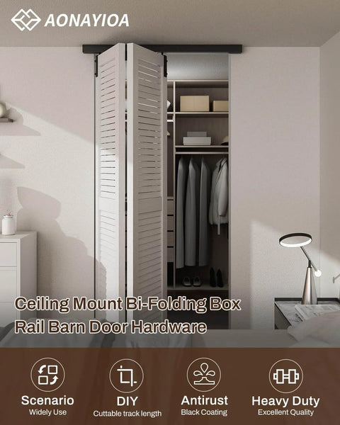 Box Rail Hardware For Bifold Sliding Barn Doors, Ceiling Mount Aluminum Alloy Track Kit For Two Doors, 60 Inch Length