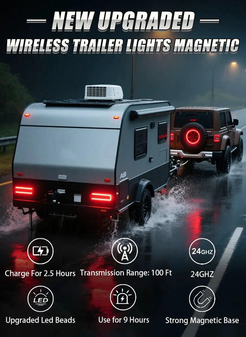 OOGKA wireless trailer lights magnetic kit; white travel trailer hitched to SUV with red LED taillights on wet road