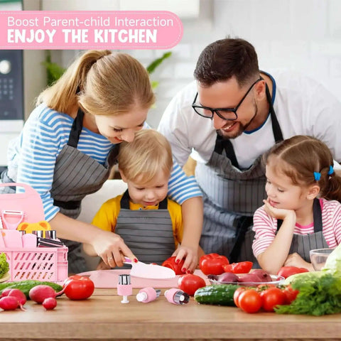 Family using Toddler Knife Set For Real Cooking Kid Safe Knives With Cutting Board Montessori Kitchen Toys in kitchen