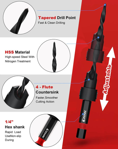 Diagram showing features of All In One Countersink Drill Bit Set For Woodworking With Fifteen Pieces Including Seven Tapered Bits And Two Wood Plug Cutters Quick Change One Quarter Inch Hex Shank Durable Storage Box EZARC